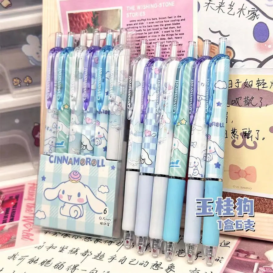 6pcs Cartoon Kuromi Writing Pen Kawaii Hello Kitty Cinnamoroll Melody 0.5mm Quick Drying ST Gel Pen Student School Stationery