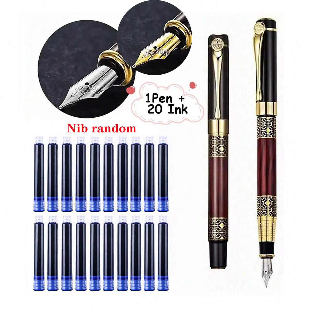 1-100Pcs/Set Retro Metal Fountain Pen Replaceable Ink Elegant Gift for Writing Stationery Office School Supplies