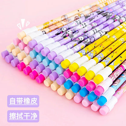 12 Pcs Cartoon HB Pencil Constant Core Cute School Student Round Rod with Colored Eraser Children's Wooden Lead Pencils