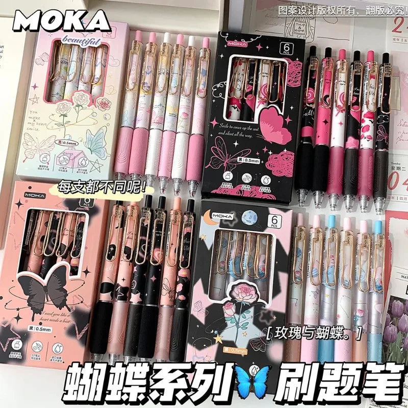6pcs/set Butterfly Series Cute Gel Pen ST Nib Kawaii Pen Set Japanese Kawaii Stationery School Supplies Aesthetic Pens