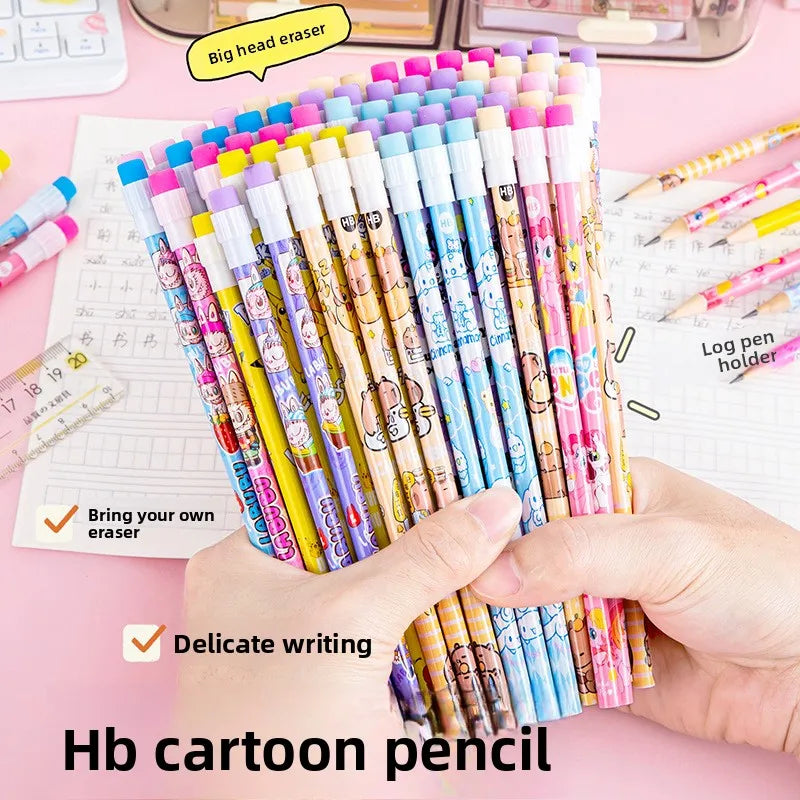 12 Pcs Cartoon HB Pencil Constant Core Cute School Student Round Rod with Colored Eraser Children's Wooden Lead Pencils