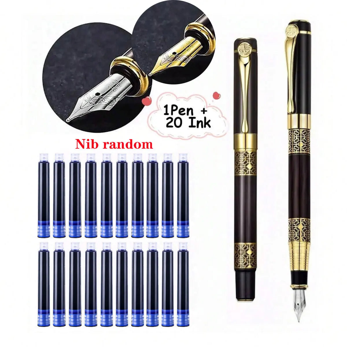 1-100Pcs/Set Retro Metal Fountain Pen Replaceable Ink Elegant Gift for Writing Stationery Office School Supplies
