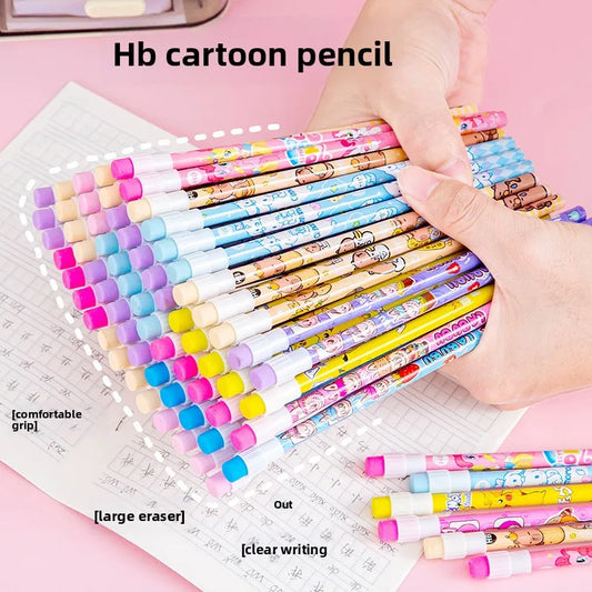 12 Pcs Cartoon HB Pencil Constant Core Cute School Student Round Rod with Colored Eraser Children's Wooden Lead Pencils